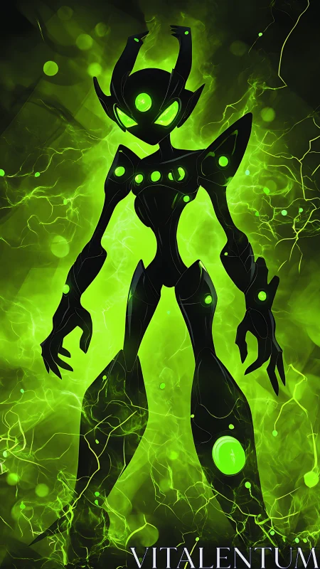 Radiant green robot hero stands boldly in crackling energy