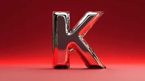 Glass Letter K on Red Gradient Background, 3D Rendering.