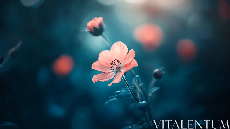 Pink Cosmos Bloom Against Teal Bokeh Dreamscape.