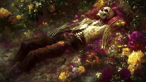 Human skeleton lying in dense flower bed outdoors.