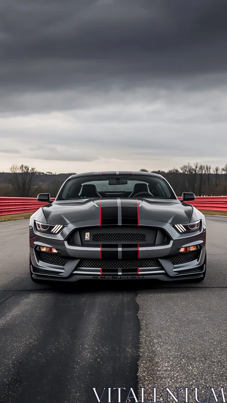 Bold gray sports car waits on track under heavy storm clouds