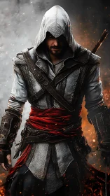 Hooded rogue strides through embers with quiet resolve.