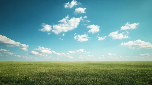 Endless green field under vast blue sky with clouds.