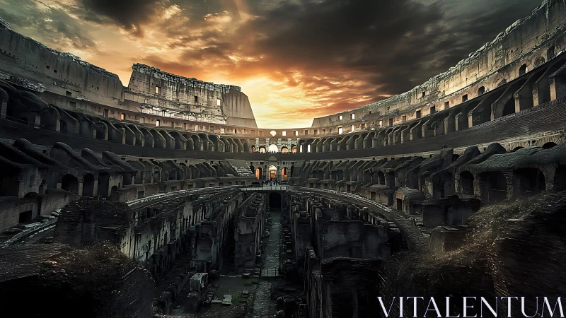 Colosseum interior under stratified sunset illumination.