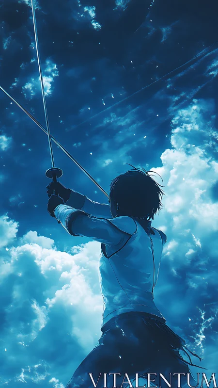 Skyward fencer lifts twin blades toward luminous clouds.