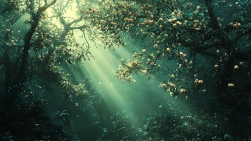 Sunlit forest canopy with flowering branches and haze.