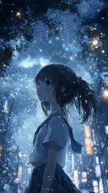Anime schoolgirl under luminous night sky in city street.