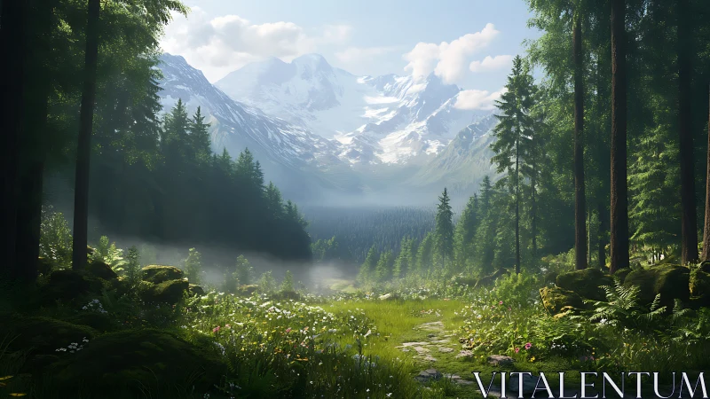 Alpine Cathedral: Where Granite Peaks Kiss Misty Meadows.