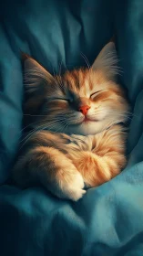 Peaceful Ginger Cat Resting on Teal Fabric Backdrop.
