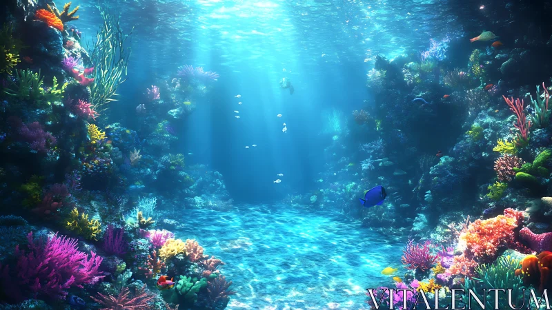 Sunlit coral reef valley glows with dense tropical marine life