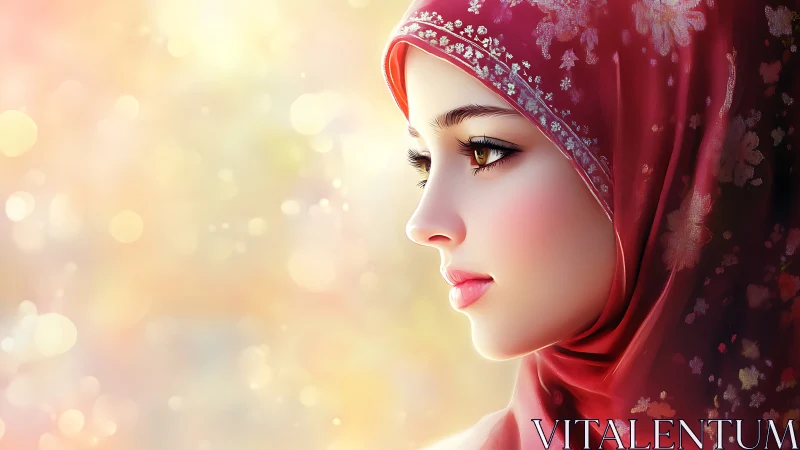 Side profile portrait of veiled woman in red floral hijab