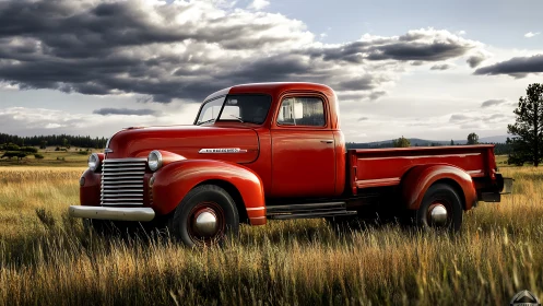 Vintage red pickup truck stands in late summer field landscape