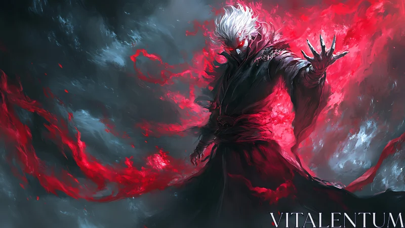 Dark robed figure amid swirling red and gray energy field.