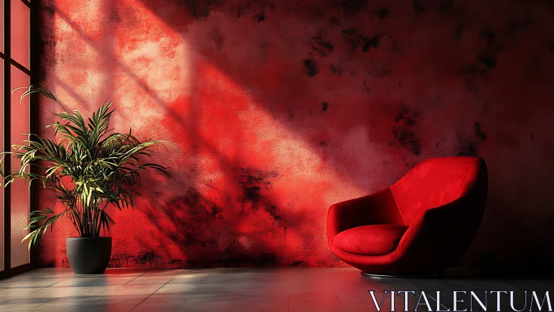 Red lounge chair anchors bold sunlit textured interior.