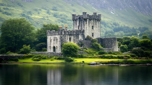 Medieval stone castle reflected in tranquil lakeside environment