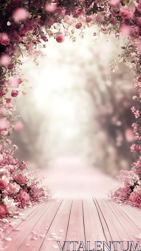 Soft-focus floral archway frames pastel wooden boardwalk perspective