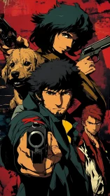 Dynamic anime trio with pistols and dog on distressed red ground.