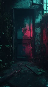 Abandoned metal door glows with eerie neon red light.