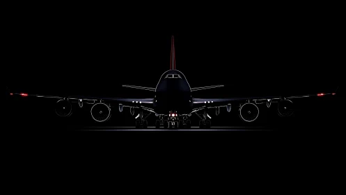 Widebody jet front silhouette against black background.