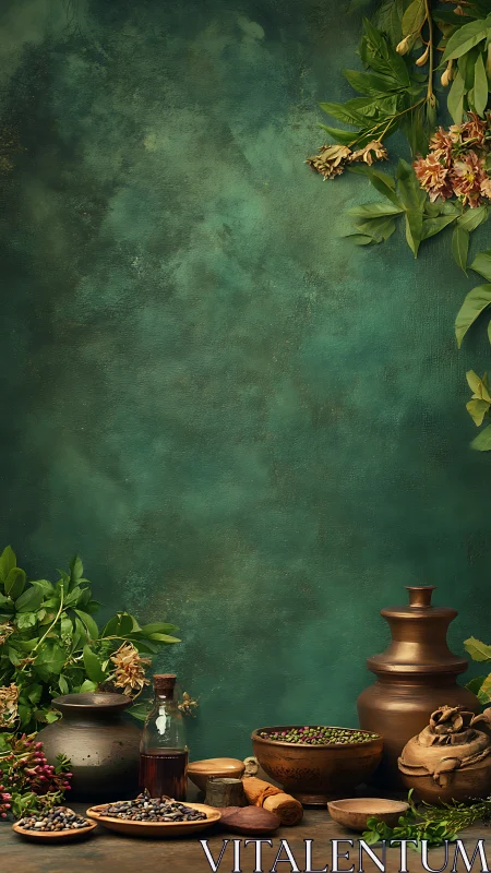 Rustic still life arranges herbs and earthenware against teal ground