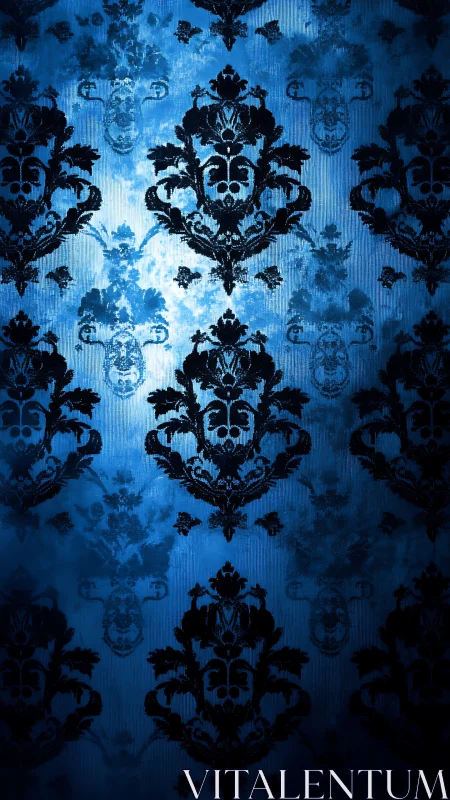 Blue gothic damask wallpaper with ornate skull motifs.