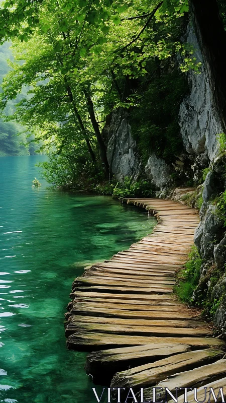 Serpentine lakeside boardwalk beneath lush emerald canopy.