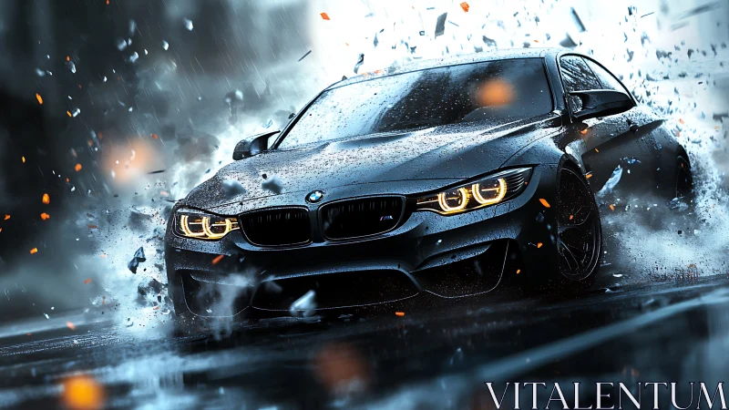 Rain-soaked sports car drifts through sparks and shattered glass.