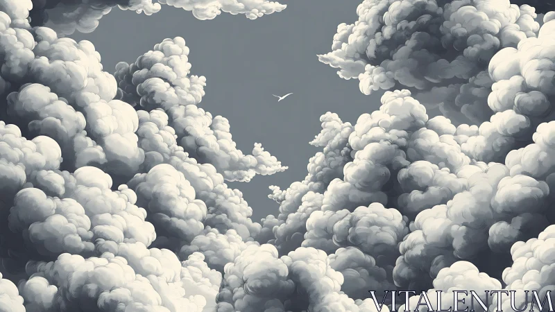 Solitary bird crossing dense layered storm clouds.