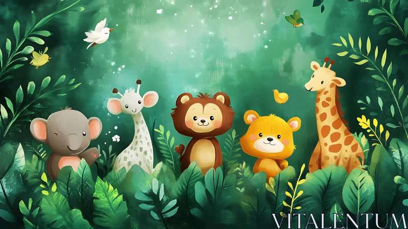 Playful baby jungle animals in lush teal-green forest scene.