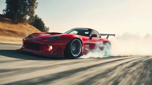 Red drift car slices through smoke on a sunlit racetrack.