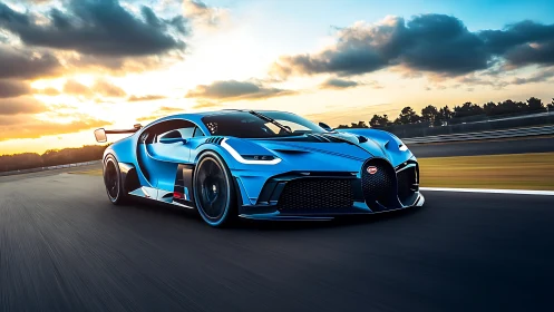 Sunlit blue hypercar ignites a racetrack sprint at dusk.