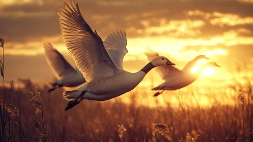 Migrating geese fly over tall grassland against bright sunset