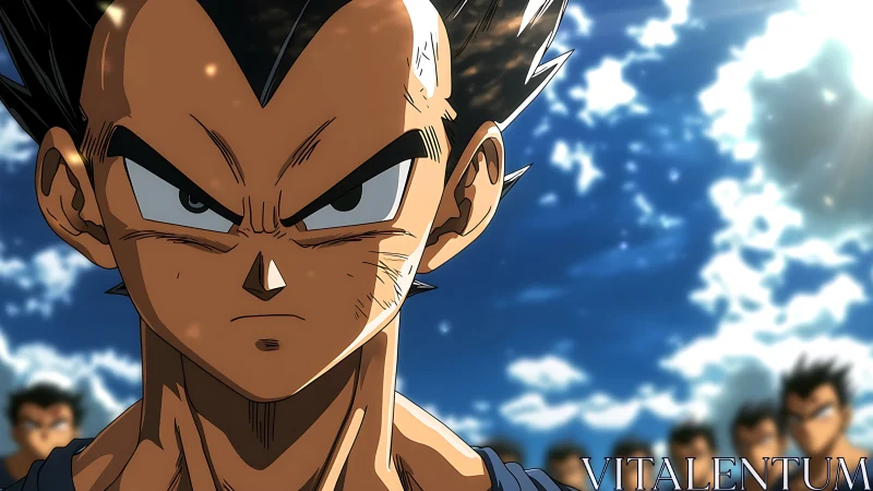 Intense anime warrior close-up under bright clouded sky