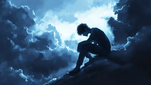 Silhouetted figure seated on ridge within dense blue clouds.