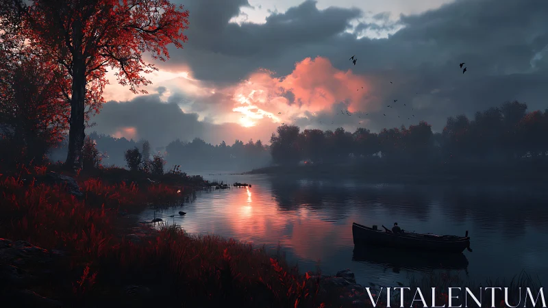 Autumn river at dusk with solitary boat and glowing sky.