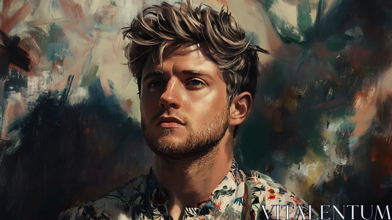 Contemplative young man amid expressive painted backdrop.