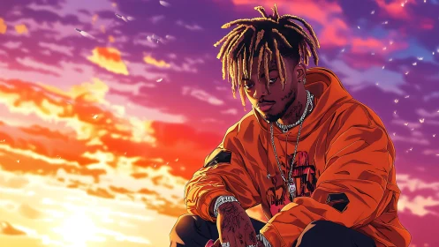 Pensive streetwear portrait under vivid sunset sky.