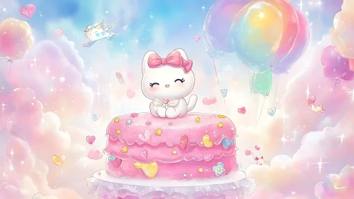 Whimsical Cat on Pastel Dream Cake with Rainbow Balloons