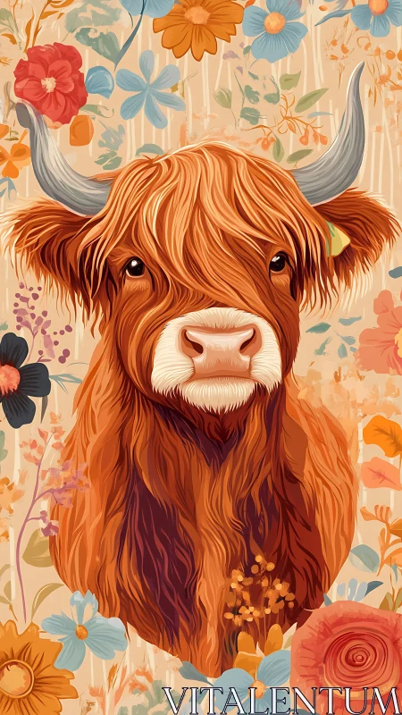 Highland cow portrait with floral background illustration.