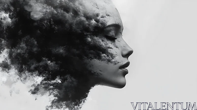 Monochrome female profile dissolving into turbulent cloud textures