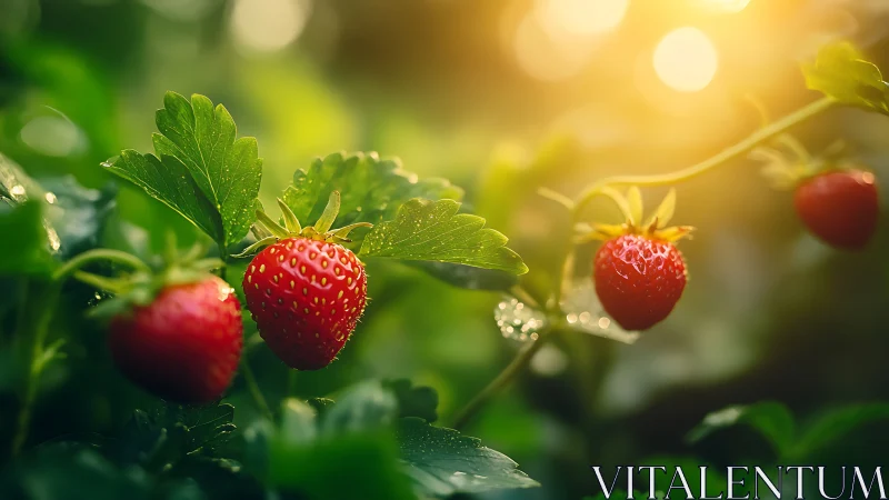 Ripe garden strawberries glow under warm morning sunlight
