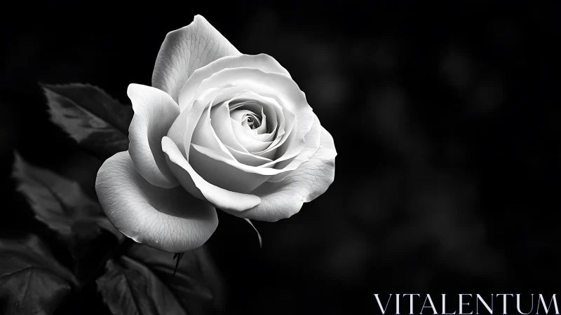 White rose photographed in monochrome against dark background