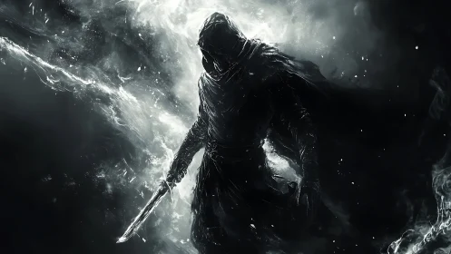 Shadow-cloaked wanderer crossing a storm of silver light.