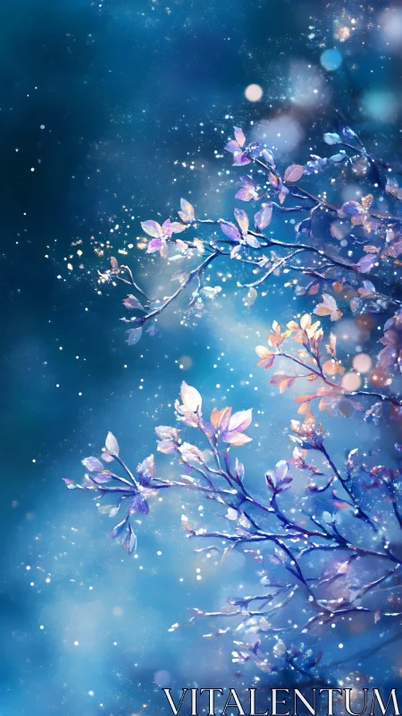 Illuminated branches with dispersed particles against blue gradient.