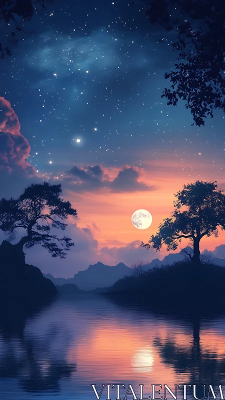 Moonlit lakeside twilight under vivid starry sky.