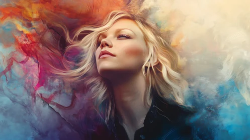 Dreamlike blonde portrait bathed in swirling abstract color.