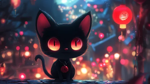 Black cat with red eyes against night lantern street.