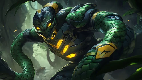 Cyborg snake warrior advances through dense jungle setting