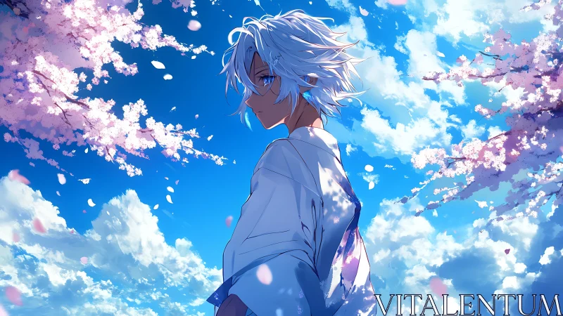 White haired anime youth stands under drifting cherry blossoms
