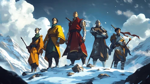Mountain monks stand defiant atop windswept snowy ridgeline.